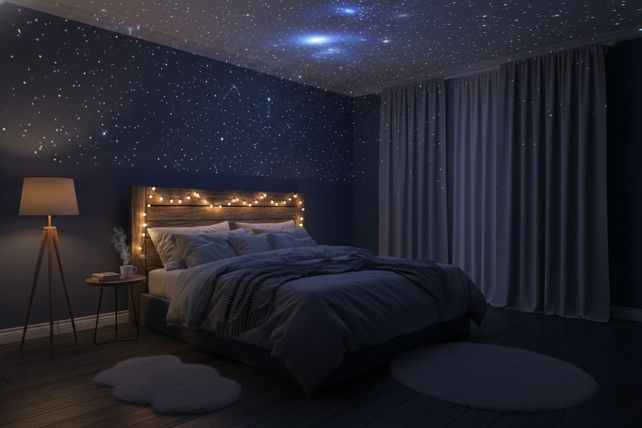 bedroom with the night sky on the ceiling dark room cozy sleepy nightime